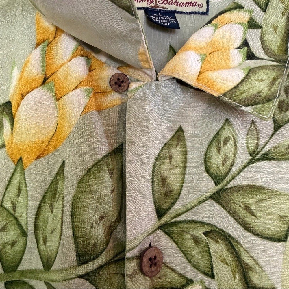Tommy Bahama Silk Aloha Hawaiian Tropical Men's Lg Yellow & Green Floral Shirt - Picture 6 of 10